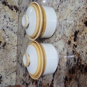 Two Vintage 1970s Mikasa "Stone Manor" Covered Dish, Sugar Bowl, Canister